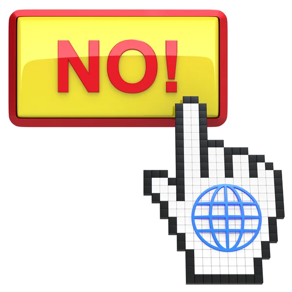 Nee! knop en hand cursor met pictogram van de wereld. — Stockfoto