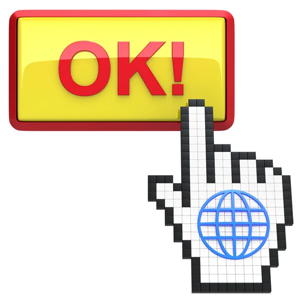 ¡Ok! botón y cursor de mano con icono del globo . —  Fotos de Stock