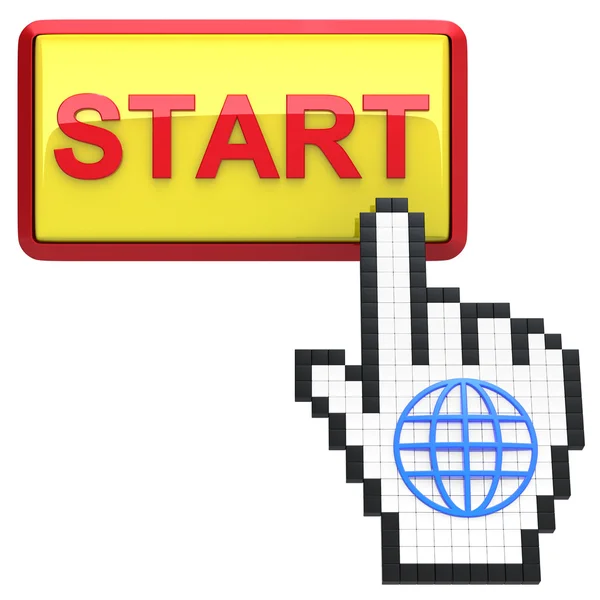 Start tlačítko a rukou kurzor s ikonou zeměkoule. — Stock fotografie