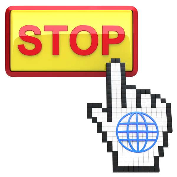 Parar botão e mão cursor com ícone do globo — Fotografia de Stock