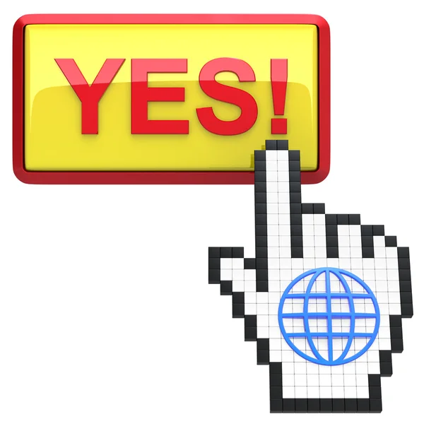 Ja! knop en hand cursor met pictogram van de wereld. — Stockfoto