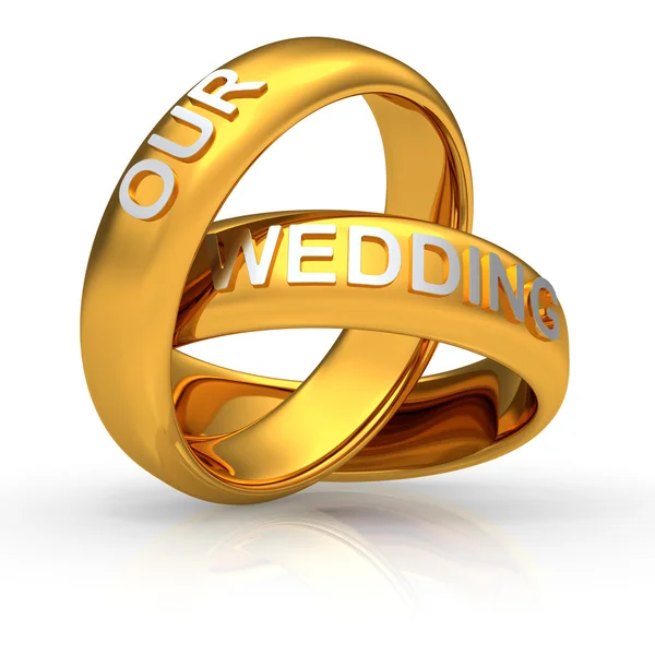 Två gyllene vigselringar med text "vårt bröllop" — Stockfoto