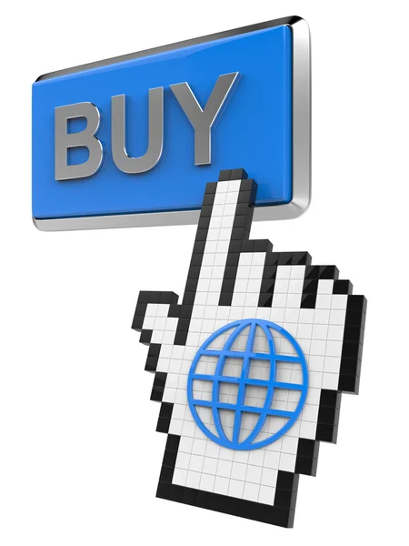 Buy button and hand cursor with icon of the globe. — Stock Photo, Image