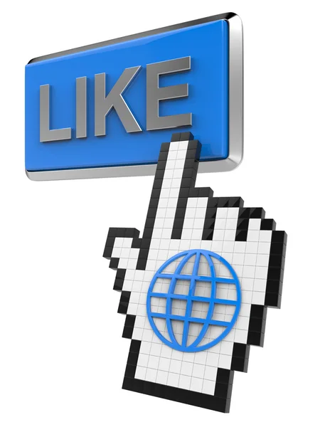 Like button and hand cursor with icon of the globe. — Stock Photo, Image