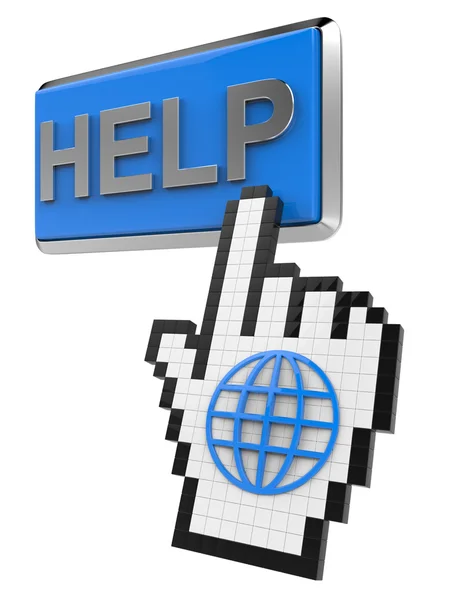 Help knop en hand cursor met pictogram van de wereld. — Stockfoto