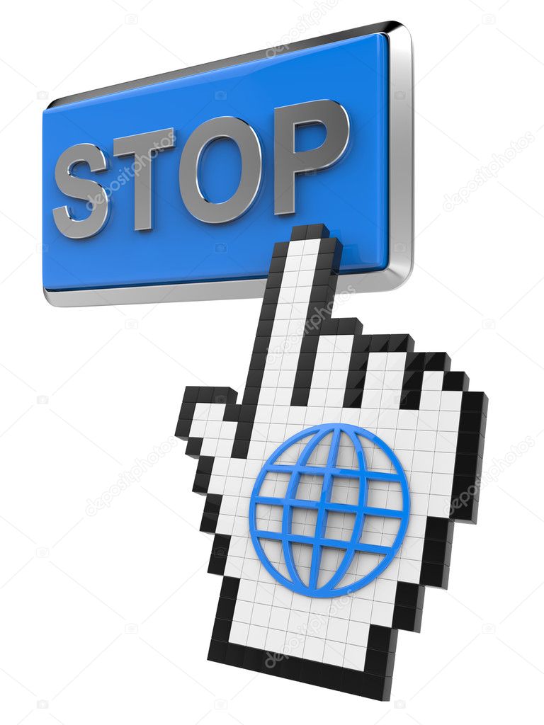 Stop button and hand cursor with icon of the globe.