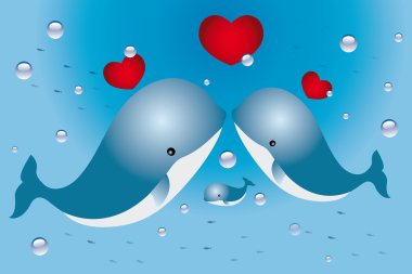 Lovely card with family of whales and hearts clipart