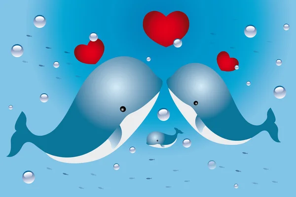 Lovely card with family of whales and hearts — Stock Vector