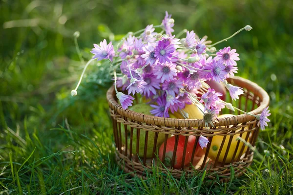 Basket with fruit and flowers — Stock Photo, Image