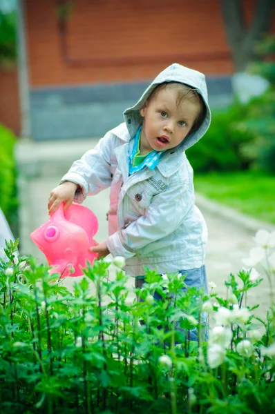 Het kind wateren bloemen — Stockfoto