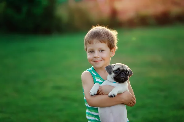 Boy and pug — Stock Photo, Image