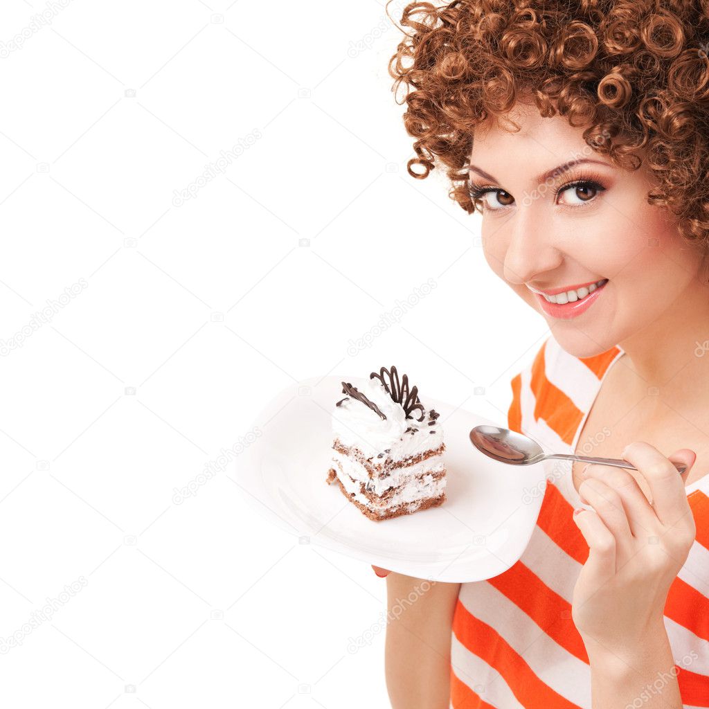 Fun woman eating the cake on the white background