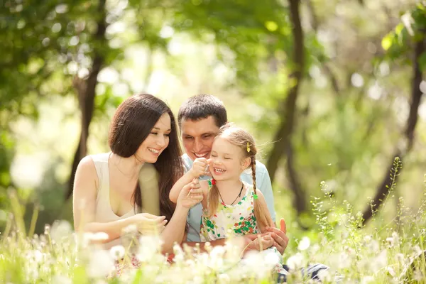 Gelukkig moeder, vader en dochter spelen in het park — Stockfoto