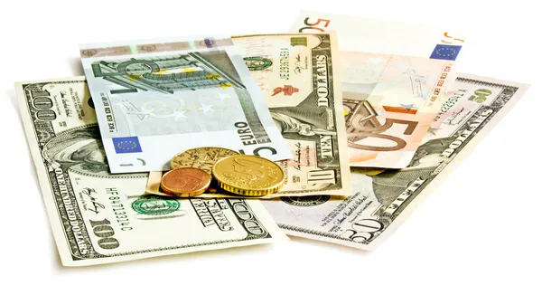 Dólares en euros y dinero checo Fotos de stock libres de derechos