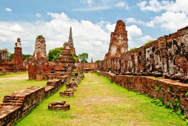 The Ruin of Buddha status and temple of wat mahathat in ayuttha clipart