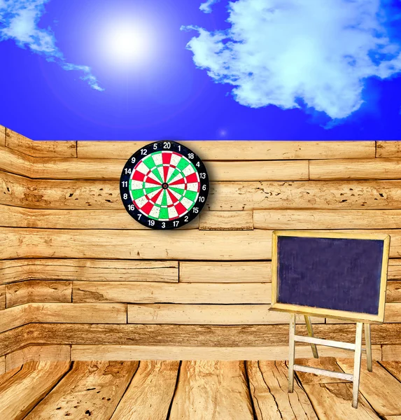The Perspective view of old wood floor with dartboard — Stock Photo, Image