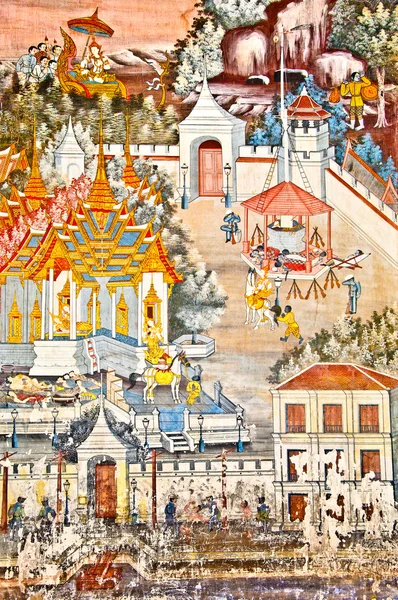El arte tailandés de la religión en la pared del templo — Foto de Stock