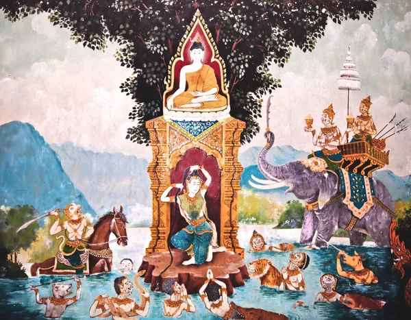 Tajskiej sztuki religii na ścianie świątyni — Zdjęcie stockowe