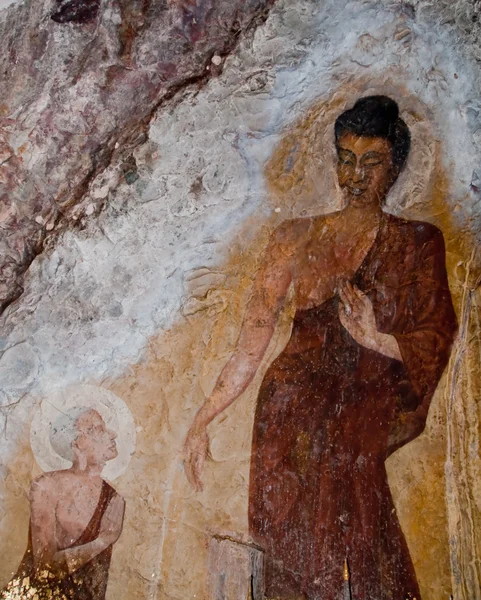 The Old painting of buddha status in cave — Stock Photo, Image