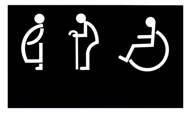 老头和残障厕所的标志和怀孕的 bl — 图库照片