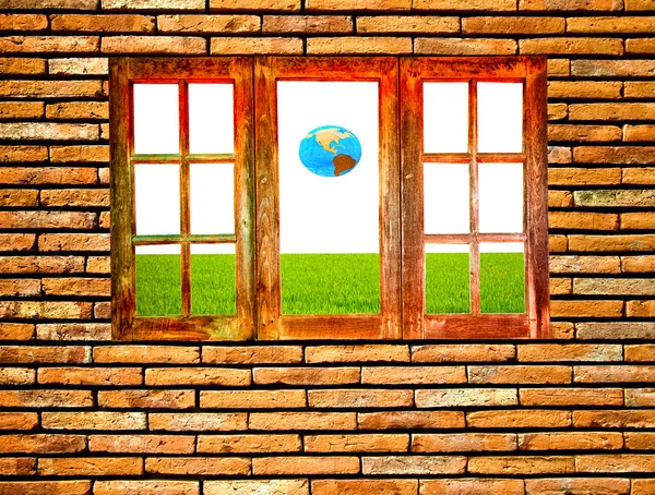 La ventana Vieja de madera con el mundo del modelo hecho de la semilla en la pared detrás — Foto de Stock