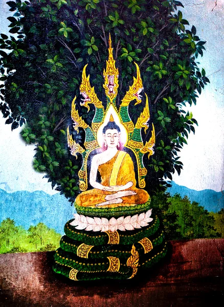 L'art thaïlandais de la religion sur le mur du temple — Photo