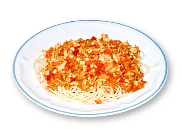 La salsa de pollo Spaghetti aislada sobre fondo blanco — Foto de Stock