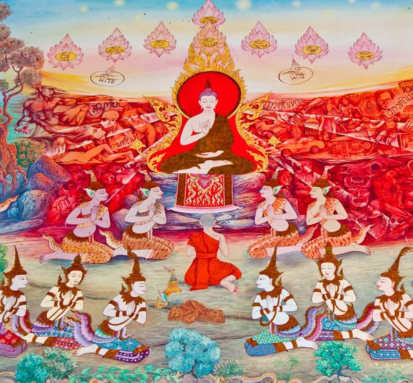 Thajské umění náboženství na zdi chrámu — Stock fotografie