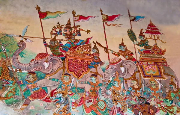 A pintura de parede da arte tailandesa no templo tailandês — Fotografia de Stock