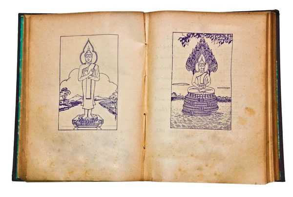 Het oude boek met vintage lijn van Boeddha status — Stockfoto