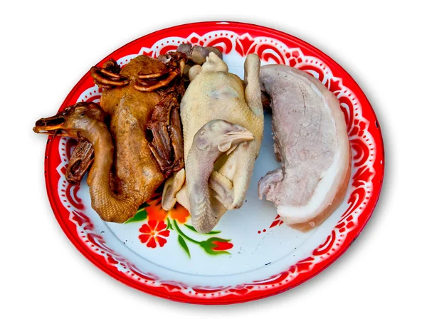 煮熟的鸭和鸡和猪肉上孤立在白色背景上的纸盒 — 图库照片