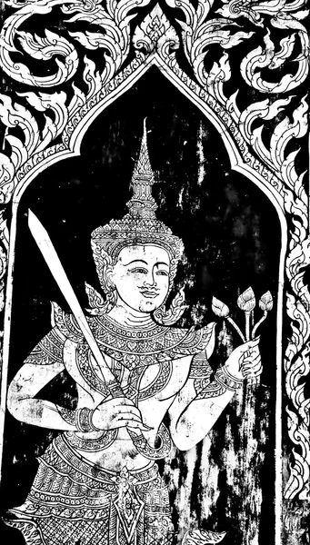 Die traditionelle thailändische Malerei Kunst schwarz-weiß Farbe — Stockfoto