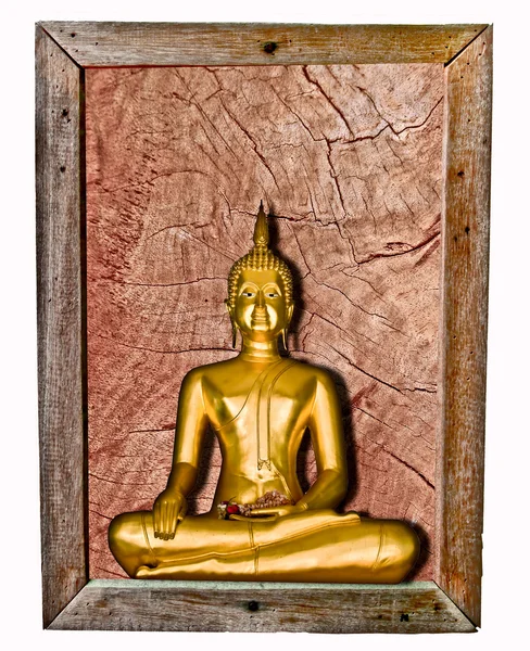 Das alte Holzgestell mit Buddha-Status isoliert auf weißem Rücken — Stockfoto