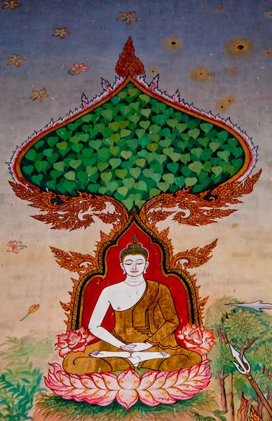 Die thailändische Malkunst über den Buddha-Status an der Tempelwand — Stockfoto
