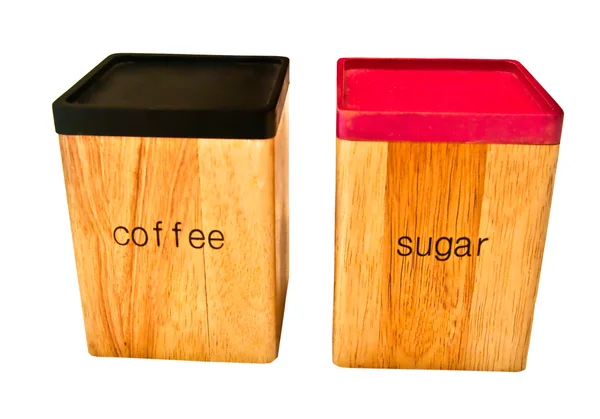 Drewniane pudełko przechowywania kawy i cukru na białym tle na biały backgrounde b — Zdjęcie stockowe