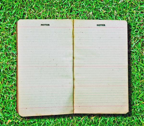緑の草の背景に分離したビンテージのノートブック — ストック写真