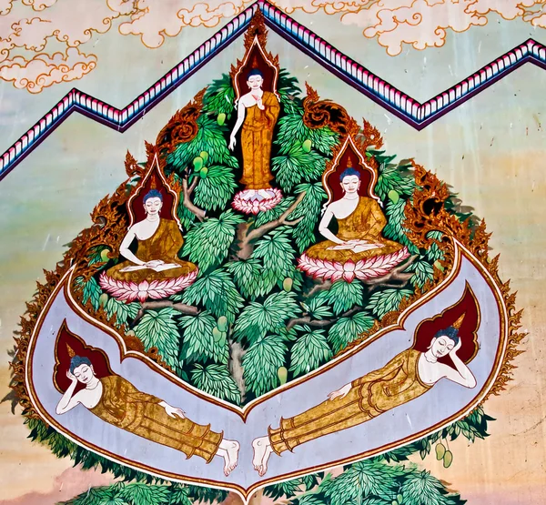Umění thajské obraz o stavu Buddhy na zdi chrámu — Stock fotografie