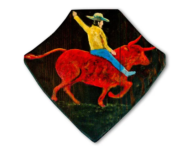 Η ζωγραφική του καουμπόη και ταύρος στο ξύλο που απομονώνονται σε λευκό έκφραση — Φωτογραφία Αρχείου