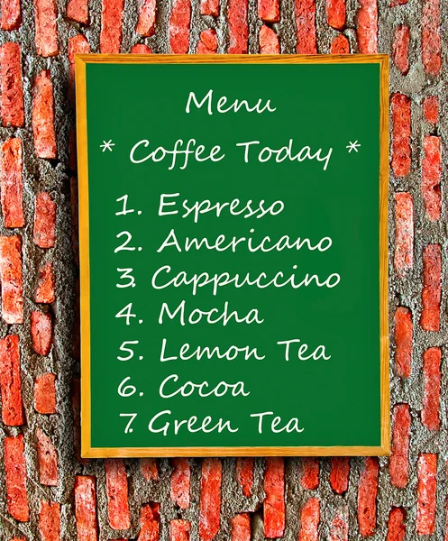 Blackboard of menu coffee on brick wall background — Stock Photo, Image