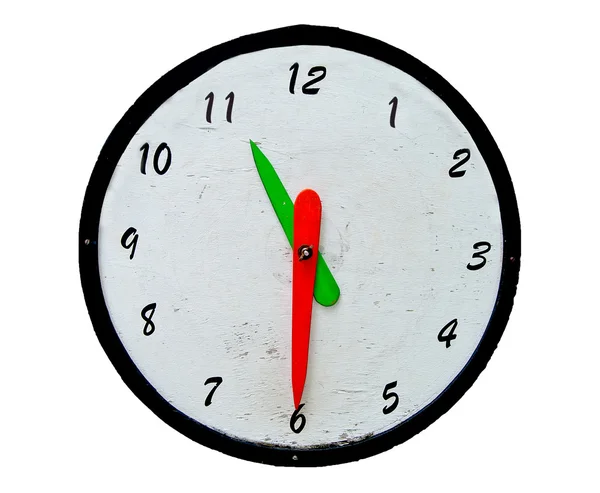 Klasyczny drewniany zegar na białym tle na biały, przedni widok — Zdjęcie stockowe