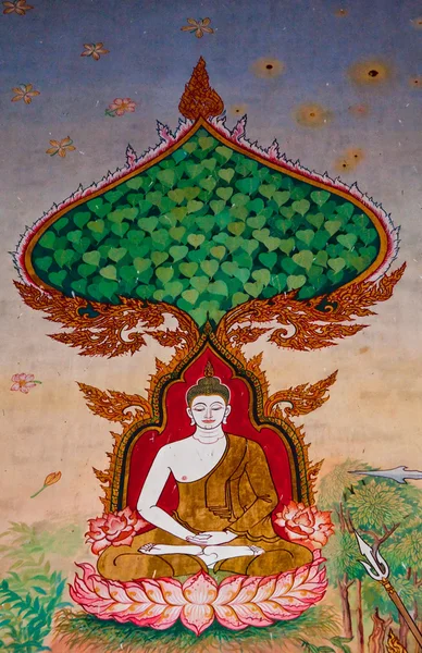 Umění thajské obraz o stavu Buddhy na zdi chrámu — Stock fotografie
