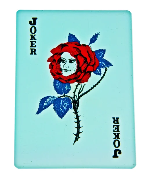 Карточка Джокера из красной розы имела лицо женщины изолированы на белом фоне — стоковое фото