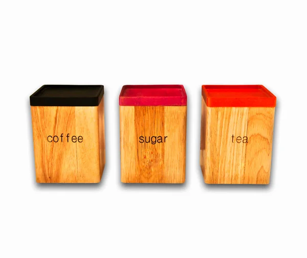 El Almacenamiento la caja de madera del café y el té y el azúcar aislado sobre el fondo blanco —  Fotos de Stock