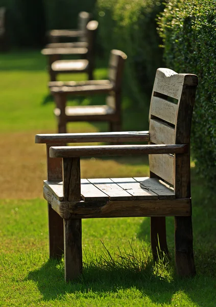 Wood bench in garden — Stockfoto