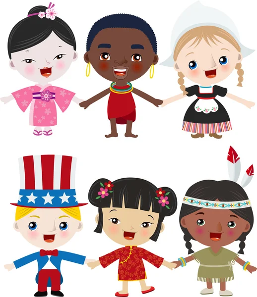 Multikulturní děti drželi se za ruce — Stockový vektor