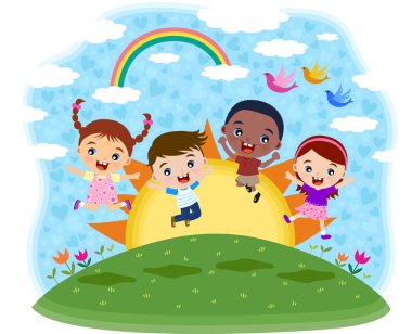 Multicultural children jumping on the hill clipart