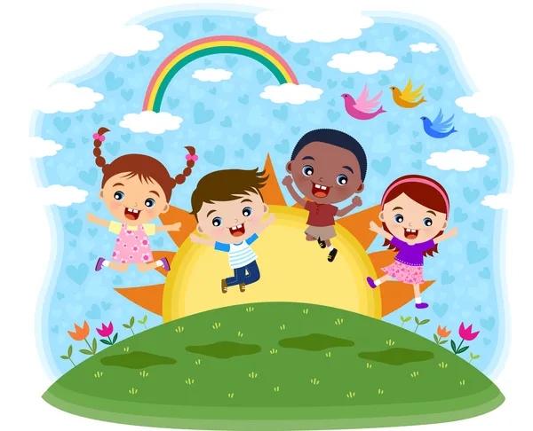 Des enfants multiculturels sautent sur la colline — Image vectorielle