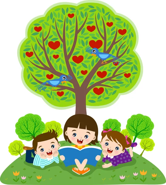 Діти читають книгу під яблунею — стоковий вектор