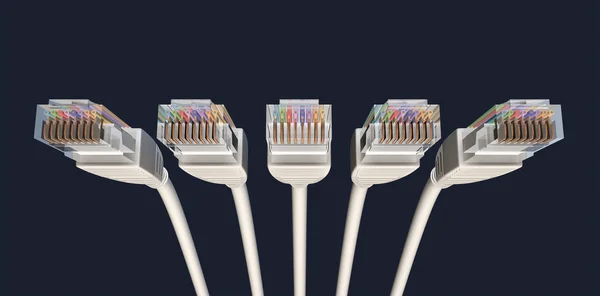 Cinque cavi Ethernet scollegati rivolti in avanti — Foto Stock