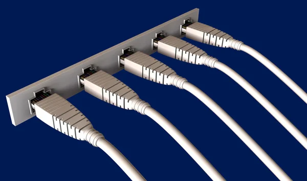 Пять кабелей Ethernet, подключенных к розетке — стоковое фото